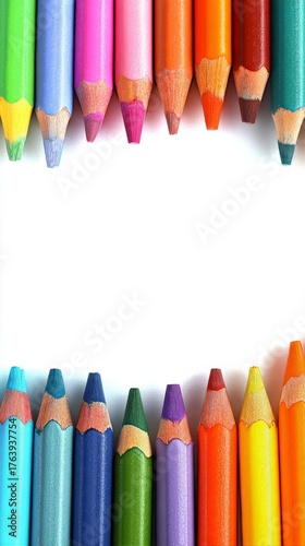 Colorful Arrangement of Pencils Creates Circle on White Paper Background