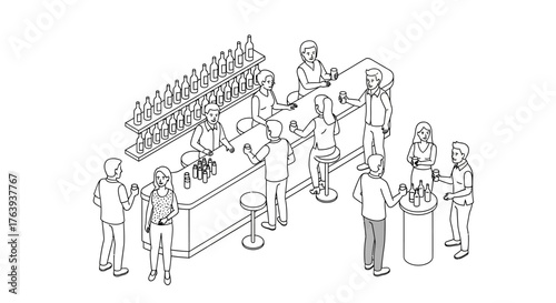 Isometric bar scene with people socializing and enjoying drinks