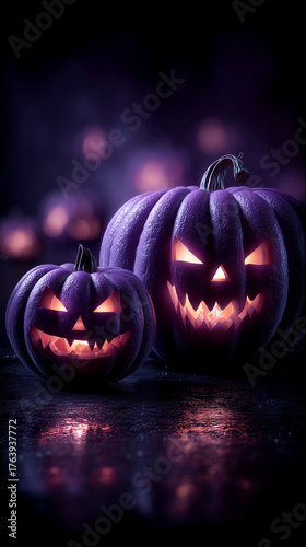 Glowing Purple Jack-o'-Lanterns in a Dark Halloween Forest
