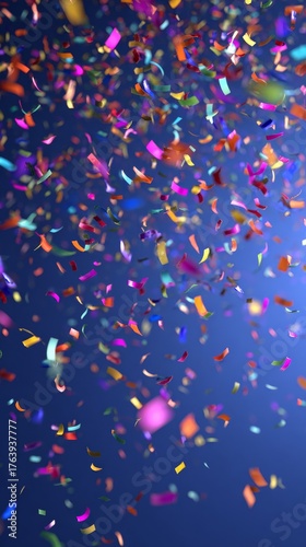 Colorful Confetti Falls Against a Blue Background During a Festive Celebratio...