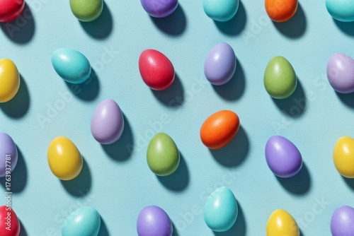 Colorful Easter Eggs Spread Across a Bright Blue Background in a Festive Arra...