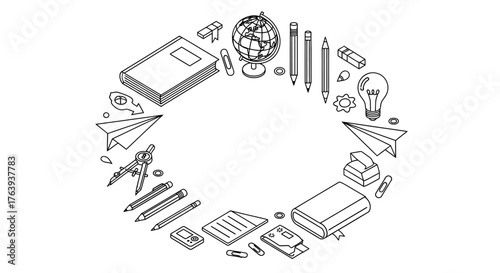 Isometric outline of office supplies and stationery in circular arrangement