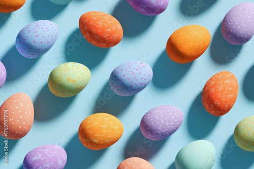 Colorful Easter Eggs Arranged on a Blue Background Casting Playful Shadows Du...