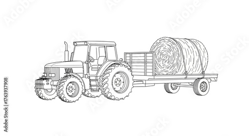 Linear tractor and hay bale trailer illustration for agricultural design