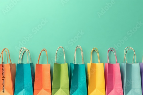 Colorful Shopping Bags Arranged Neatly Against a Bright Green Background