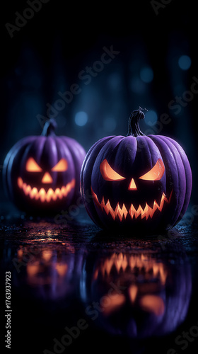 Glowing Purple Jack-o'-Lanterns in a Dark Halloween Forest
