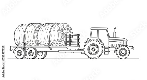 Tractor towing hay bale on trailer in detailed line art style