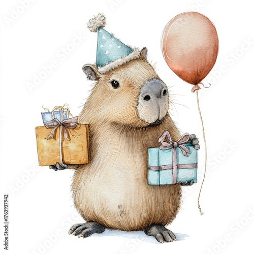 Capybara Celebrates Birthday With Presents and Balloon in Festive Setting
