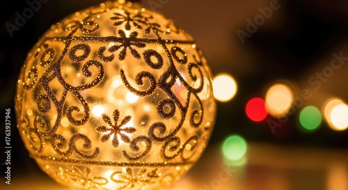 A beautifully crafted golden Christmas ornament glowing in soft light.