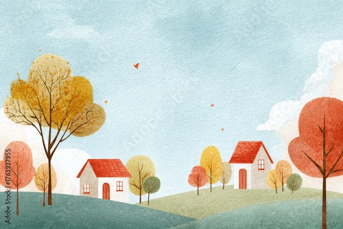 Colorful Autumn Landscape With Cozy Houses and Vibrant Trees Under a Clear Sky