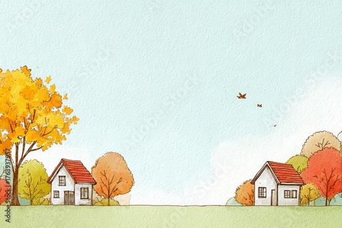 Colorful Autumn Landscape With Cozy Houses and Vibrant Trees Under a Clear Sky