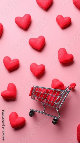 Shopping Cart on Pink Background Surrounded by Red Heart Shapes for Valentine...
