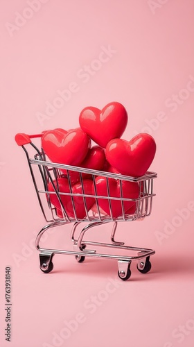 Shopping Cart Filled With Red Hearts on a Soft Pink Background