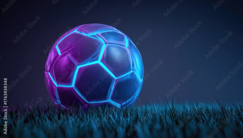 Fototapeta premium A soccer ball glows with neon light, resting on grass, against a dark gradient