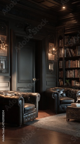 Cozy Dark Library With Elegant Leather Chairs and Wooden Bookshelves at Eveni...