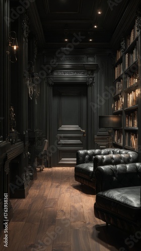 Cozy Dark Library With Elegant Leather Chairs and Wooden Bookshelves at Eveni...