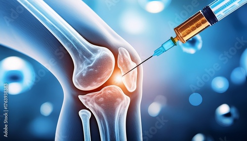 a close up of high tech syringe injecting stem cells into knee joint for regeneration