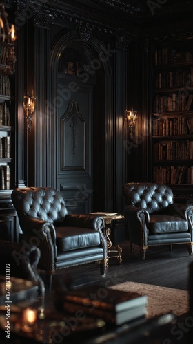 Elegant Reading Room With Dark Wood, Plush Seating and Impressive Bookshelf D...