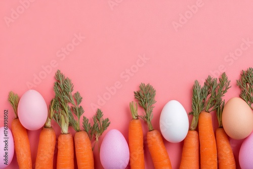 Colorful Carrots and Eggs Arranged on a Pink Background for Spring Celebrations