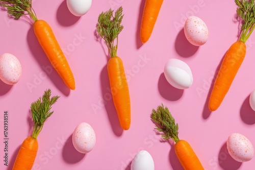 Colorful Carrots and Eggs Arranged on a Pink Background for Spring Celebrations
