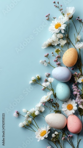 Colorful Easter Eggs and Spring Flowers Arranged on a Blue Background for Fes...
