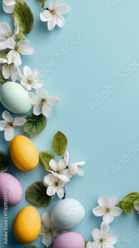 Colorful Easter Eggs and Spring Flowers Arranged on a Blue Background for Fes...