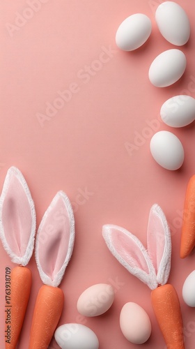 Decorative Easter Scene With Bunny Ears and Eggs on a Pink Background