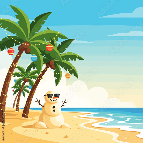Tropical Summer Christmas Sand Snowman on Sunny Beach