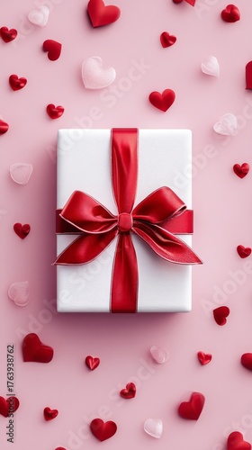Gift Box With Red Ribbon Surrounded by Heart Shapes on Pink Background for Sp...