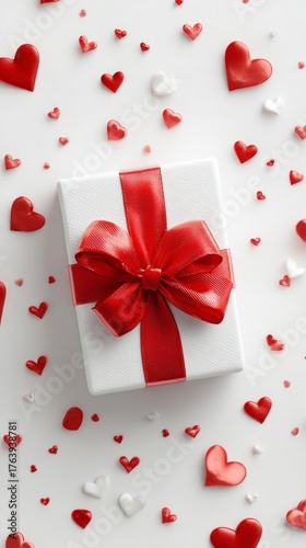 Gift Wrapped in White With Red Ribbon Surrounded by Heart Decorations on a Li...