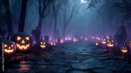 Spooky Halloween Night Scene with Glowing Jack-o'-Lanterns and Fog
