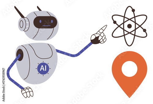 Robot labeled AI interacting with an atom graphic and geolocation marker. Ideal for science, technology, AI innovation, research, navigation, education, and futuristic concepts. Simple flat metaphor
