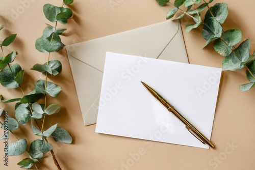 Elegant Stationery With an Envelope and Pen on a Beige Background Surrounded ...