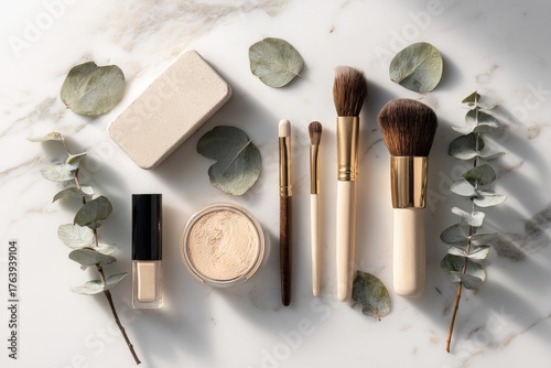 Explore Various Makeup Tools and Products Arranged With Fresh Eucalyptus Leav...
