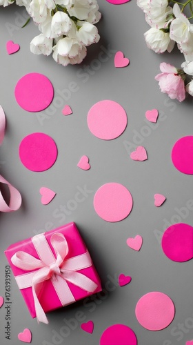 Colorful Gift Arrangement With Pink Circles and Hearts for a Celebration
