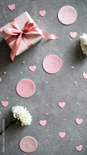 Gift Box Surrounded by Pink Decorations and Flowers on a Gray Background for ...