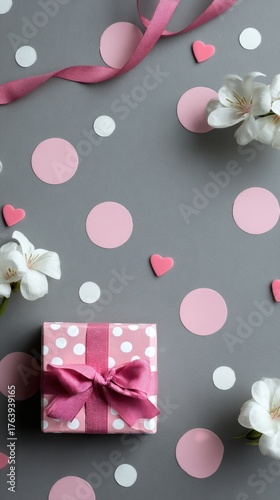 Colorful Gift Arrangement With Pink Circles and Hearts for a Celebration