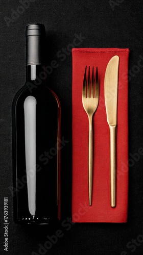 Elegant Table Setting With Wine Bottle and Gold Utensils on Red Napkin