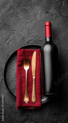 Elegant Table Setting With Wine Bottle and Gold Utensils on Red Napkin