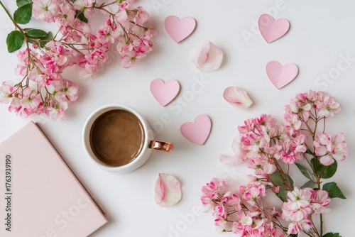 Relaxing Coffee Time With Pink Flowers and Heart Decorations on a Warm Surface