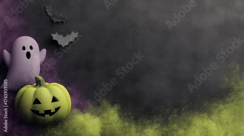 Cute Halloween Background with Ghost, Pumpkin and Bats
