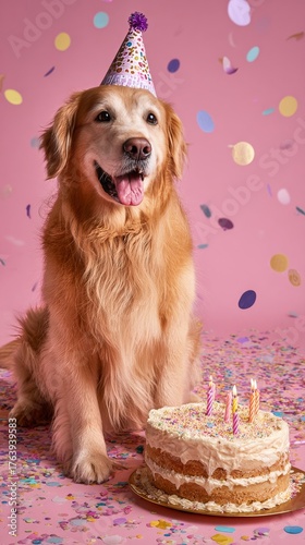 Happy Golden Retriever Celebrates Birthday With Cake and Party Hat in a Color...