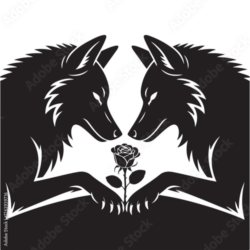 Two silhouette wolves facing each other offering a single rose