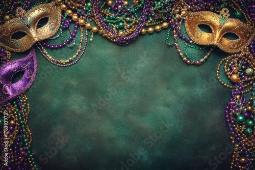 Mardi Gras Celebration With Colorful Beads and Decorative Masks on a Dark Bac...
