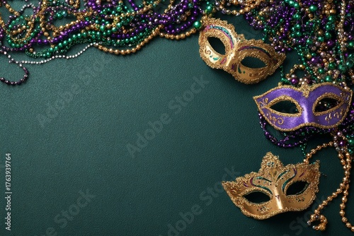 Mardi Gras Celebration With Colorful Beads and Decorative Masks on a Dark Bac...