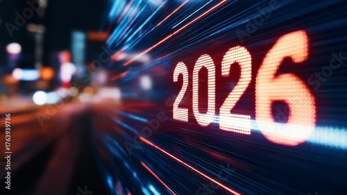 Year 2026 displayed in illuminated red digits with a linear blue abstract pattern suggesting speed and futuristic concept blurred city lights visible in the background at night