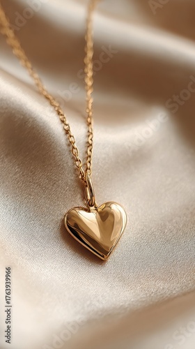 Gold Heart Pendant Glimmers on Soft Fabric in Elegant Close-Up Capture