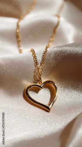 Shining Heart Pendant on Delicate Chain Rests on Smooth Fabric Surface