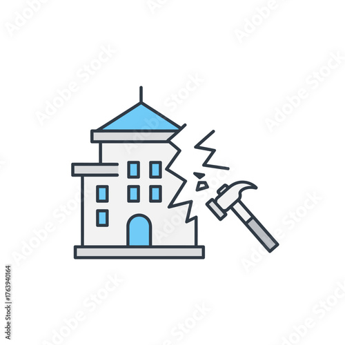 A building being demolished with a hammer, illustrating destruction and construction.