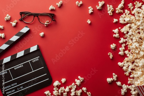 Enjoying Popcorn and Films With Classic Glasses on a Vibrant Red Surface